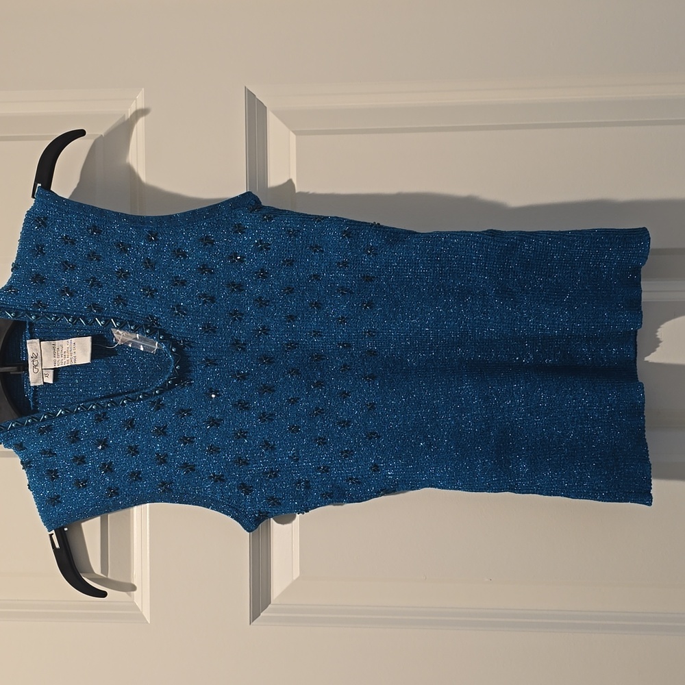 NWT AQUA BLUE BEADED CACHE SLEEVELESS SWEATER. XS
